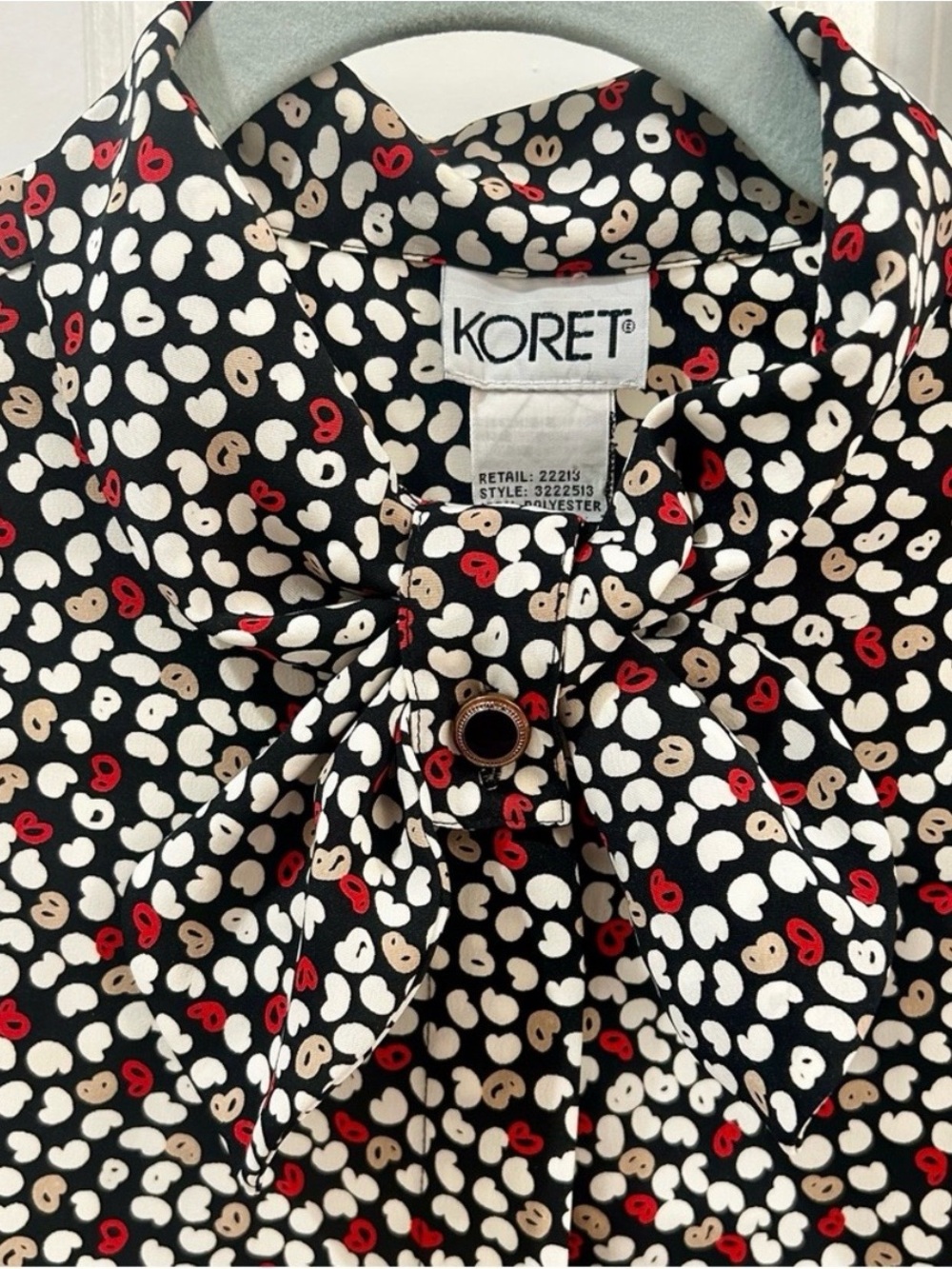 Vintage 80s Koret Abstract Pussybow Blouse Red Black Indie Sleaze Bow Button Up - Picture 4 of 10